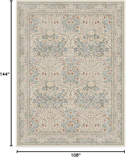 RUGGABLE x Morris & Co Washable Area Rug – Blackthorn Ivory Blue 9x12, Stain-Resistant, Non-Slip – Large Machine Washable Rugs for Living Room, Bedroom, Hallway, Entryway & Office–with Cushioned Pad
