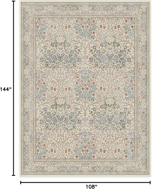 RUGGABLE x Morris & Co Washable Area Rug – Blackthorn Ivory Blue 9x12, Stain-Resistant, Non-Slip – Large Machine Washable Rugs for Living Room, Bedroom, Hallway, Entryway & Office–with Standard Pad