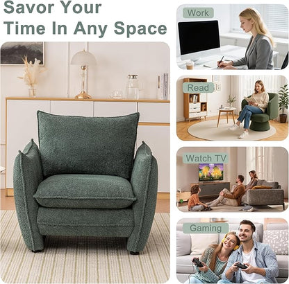 Oversized Armchair, Modern Accent Chair Upholstered in Soft Cloud Fabric with Plush Cushions – Comfy Lounge Chair for Reading Nook, Living Room, and Bedroom (Green, Set of 1)