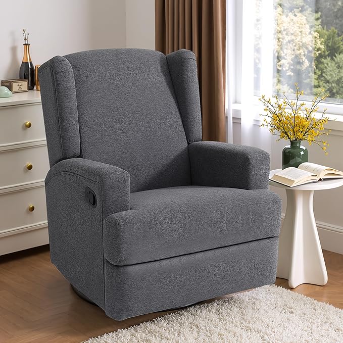 Swivel Glider Recliner Chair for Adults with Deep Seat - High Back Rocker Reclining Accent Chair, Manual Recliner for Living Room & Nursery, Comfortable Upholstered Fabric Armchair-Gray