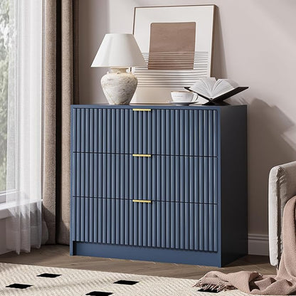3-Piece Dresser Bedroom Set, 7 Drawer Dresser & 3 Drawer Nightstands with Gold Handles, Fluted Wood Chest of Drawers for Bedroom, Living Room, Entryway, Navy Blue