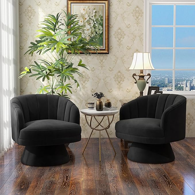 Swivel Accent Chair Set of 2,Upholstered Velvet 360° Swivel Barrel Chair for Living Room Overstuffed Bouncle Reading Chair Round Armchair for Bedroom,Vanity,Office (Black)