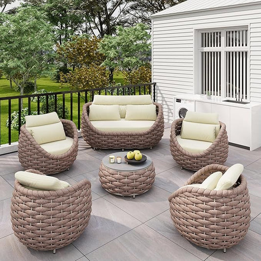 Aluminum Deck Outdoor Furniture Set: 6 Pieces Rope Patio Conversation Sofa Set - Modern Woven Porch Couch Set Cushioned - No Assembly All Weather for 660lbs Yard Garden Lanai Hotel, Terracotta