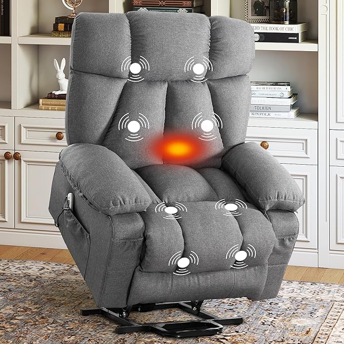 Oversized Power Lift Recliner Chair for Elderly, Big and Tall Lift Chair with Massage and Heat for Living Room, Fabric Electric Recliner Chairs with 4 Side Pockets, USB Charge Port,Grey