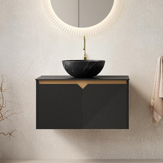 30 Inch Bathroom Vanity with Sink, Floating Fluted Vanity with Vessel Sink, Modern Bathroom Vanity Cabinet with 2 Doors, Bowl Vessel Sink & Sintered Stone Top, Black