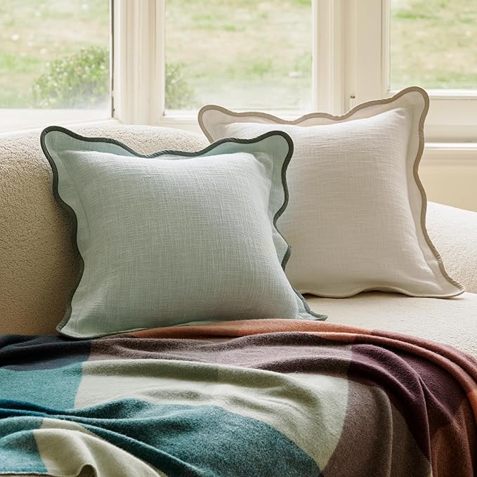 Double Stitch Scalloped Throw Pillow Covers - 100% Cotton Set of 2 Decorative Boho Pillow Covers 18 x 18, Made in India, Square Cushion Case, Modern Home Decor for Couch Sofa Living Room, Aqua Mint
