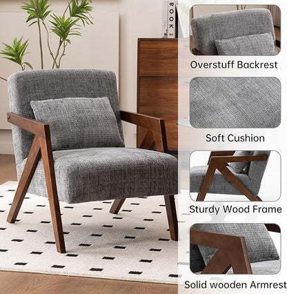 Mid-Century Modern Accent Chair Set of 2 with Solid Wood Frame，Upholstered Chenille Living Room Arm Chairs with Pillow for Bedroom, Living Room, Reading Room, Balcony, Grey