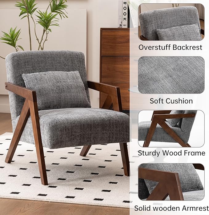 Mid-Century Modern Accent Chair with Solid Wood Frame，Upholstered Chenille Living Room Arm Chairs with Pillow for Bedroom, Living Room, Reading Room, Balcony, Grey