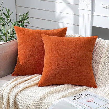 GAWAMAY Decorative Chenille Throw Pillow Covers 26x26 Inch Pack of 2, Soft Square Couch Pillow Cover for Sofa Cushion Living Room Bedroom Solid Dyed Oversized Pillowcases Orange 66x66cm (ONLY Covers)