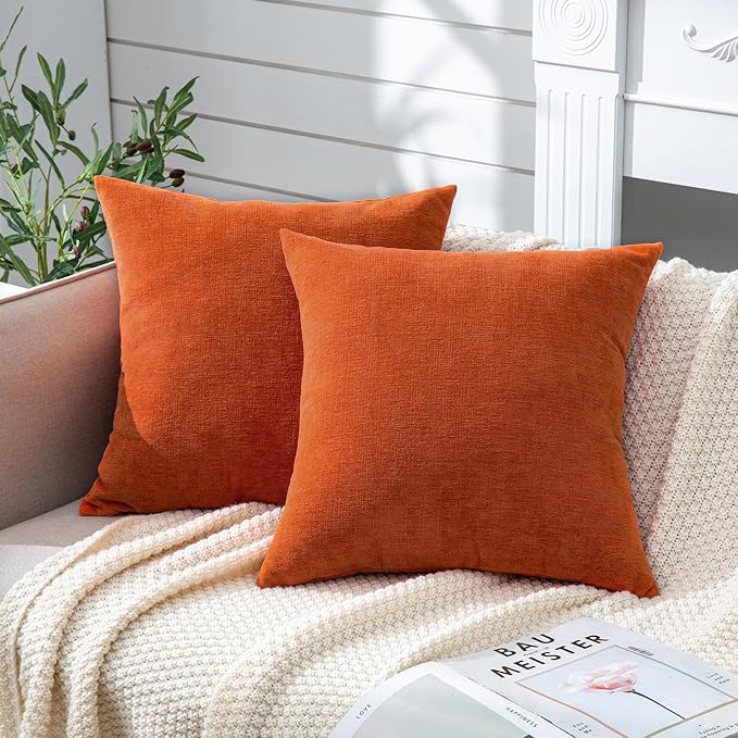 GAWAMAY Decorative Square Throw Pillow Covers 22"x22" Inch Set of 2, Super Soft Chenille Pillows Farmhouse Fall Pillowcase for Living Room Bedroom Sofa Couch Cushion Cover Burnt Orange 55x55cm