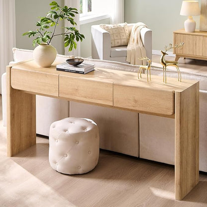 OKD 63'' Console Table with 3 Drawers, Farmhouse Entryway Table with Rounded Corners, Console Table Behind Couch for Living Room/Hallway-Natural Oak