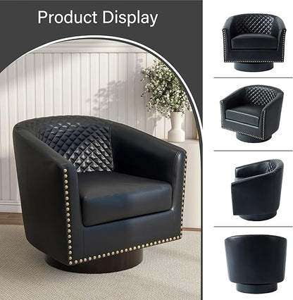 Pia Ricco Faux Leather Swivel Barrel Accent Chairs, 360° Swivel Round Single Sofa Chair, Comfy Upholstered Club Armchair with Nailhead Trim for Living Room/Reading Room/Bedroom, Black