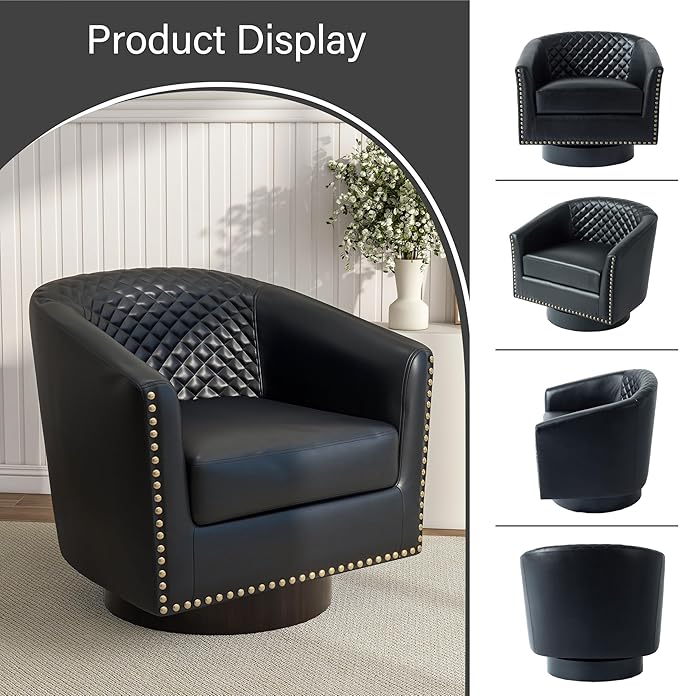 Pia Ricco Faux Leather Swivel Barrel Accent Chairs Set of 2, 360° Swivel Round Single Sofa Chair, Comfy Upholstered Club Armchair with Nailhead Trim for Living Room/Reading Room/Bedroom, Black