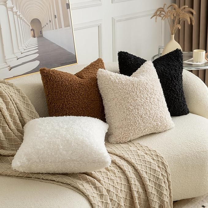 Pack of 2 Curly Teddy Wool Faux Fur Throw Pillow Covers Fuzzy Accent Soft Sherpa Pillowcases Sheepskin Fleece Decorative Cushion Case for Sofa Couch Living Room 18x18 Inch Black