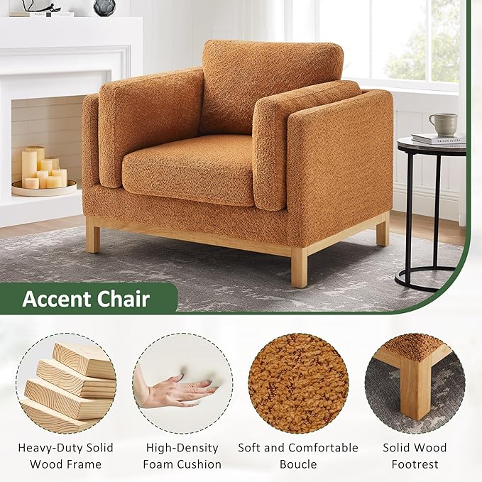 VANOMi 41.34" Oversized Accent Chair, Upholstered Armchair with Solid Wood Legs Living Room Chairs with Wide Armrest Pads, Reading Chair for Bedrooms, Apartments, Living Rooms, Offices（Curry）