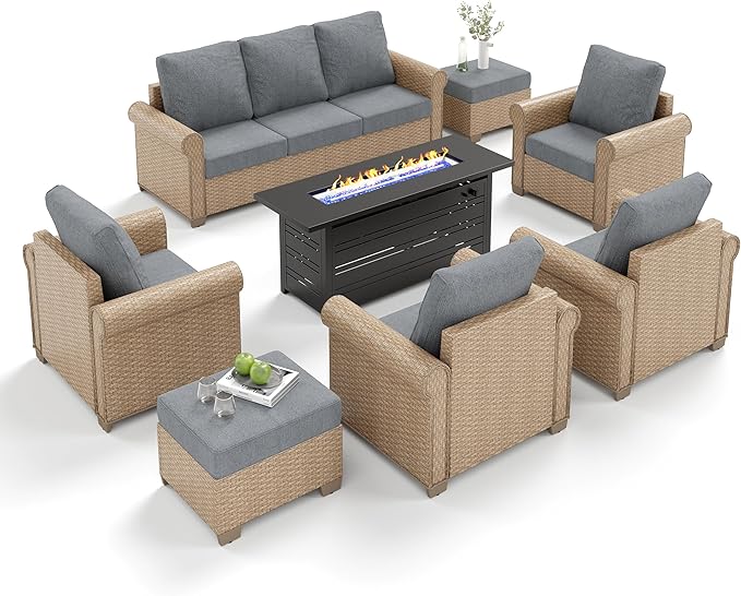 Patio Furniture Set 8 pcs, Wicker Outdoor Patio Furniture, 3-Seat Sofa, 4 Single Chairs, 2 Ottomans and 56" Gas Fire Pit Table, Rattan Patio Conversation Set for Backyard Deck, Grey