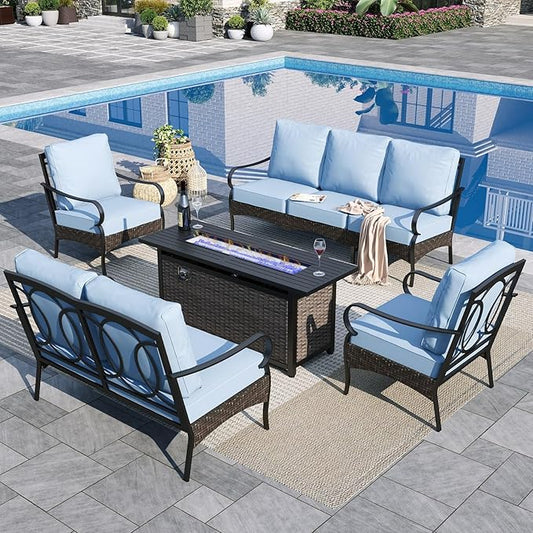 Sophia & William Patio Furniture Set with Fire Pit Table, 5 PCS Metal Outdoor Conversation Set with Fire Pit Table, 2 Sofa Chairs,1 Loveseat, 3-Seater Couch for Outdoor Seating, Backyard, Porch(Blue)