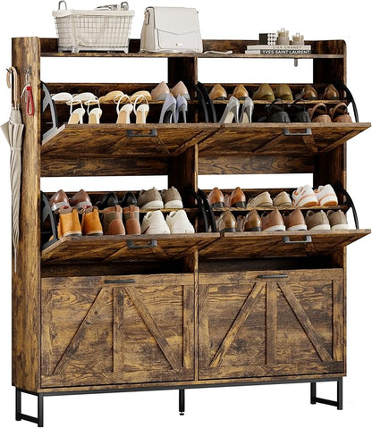 Shoe Cabinet Storage for Entryway, Shoe Storage Cabinet with 6 Flip Drawers, Freestanding Narrow Shoe Rack Organizer with Metal Legs, Adjustable Shelves & Open Storage for Foyer, Hallway, Brown