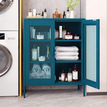 Metal Storage Cabinet with Mesh Doors,Steel Display Cabinet with Adjustable Shelves,Metal Office Storage Locker for Home Office,Garage(Blue, 40''H)