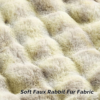 FUTEI Green White Decorative Throw Pillow Covers 12x20 Inch Set of 2,Soft Fuzzy Faux Rabbit Fur Pillow Case with Raised Texture,Neutral Boho Home Decor for Couch Bed Living Room