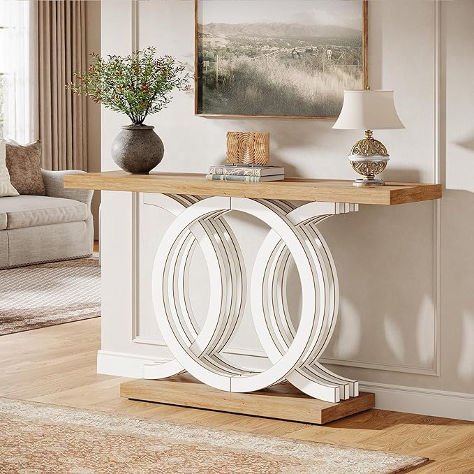 Tribesigns 55-Inch Console Table with Geometric Wood Base, Modern Entryway Table with Thick Tabletop for Living Room, Hallway, Foyer (White)