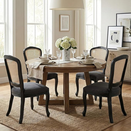 Wicker Dining Chairs Set of 4, Upholstered Linen Fabric Dining Room Chairs with Square High Rattan Back Farmhouse French Kitchen Chairs for Dining Table/Living Room/Restaurant, Black