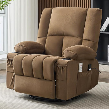 Swivel Rocker Chair with Heat and Massage, 270° Power Recliner Chairs for Adults, USB and Type-C Ports, Oversized Recliner Single Sofa, Electric Glider Chair(Brown)