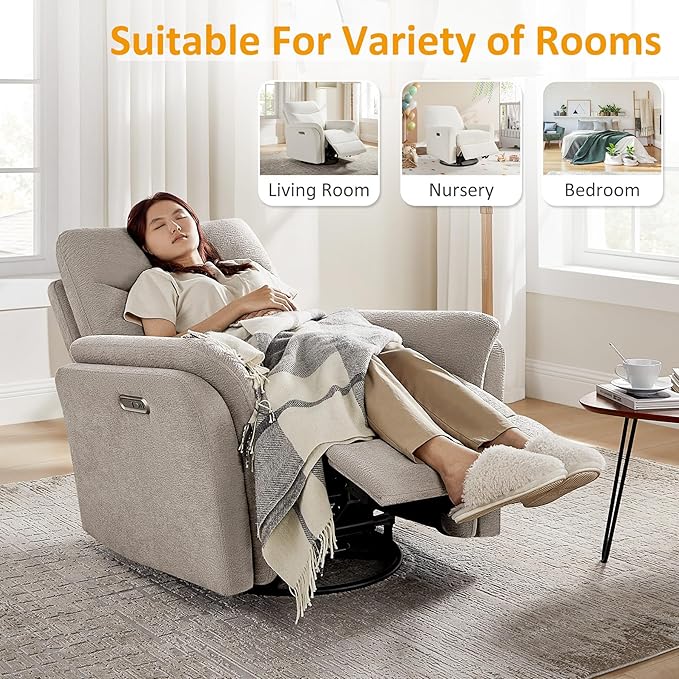 VANOMi Power Recliner Chair Swivel Glider, Electric Rocking Recliner Chairs with USB and Type-C Ports, Nursery Chair Recliner for Living Room, Bedroom, Apartment（Camel）