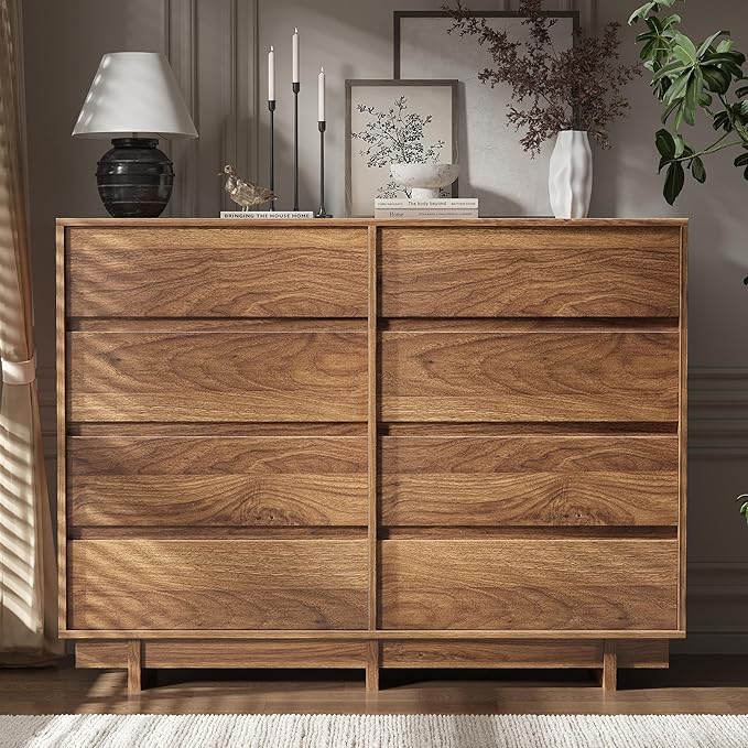 Walnut Dresser for Bedroom, 53.1" Wide 8 Drawer Dresser, Mid Century Modern Dressers Chest of Drawers, Wooden Large Dressers for Bedroom, Closet