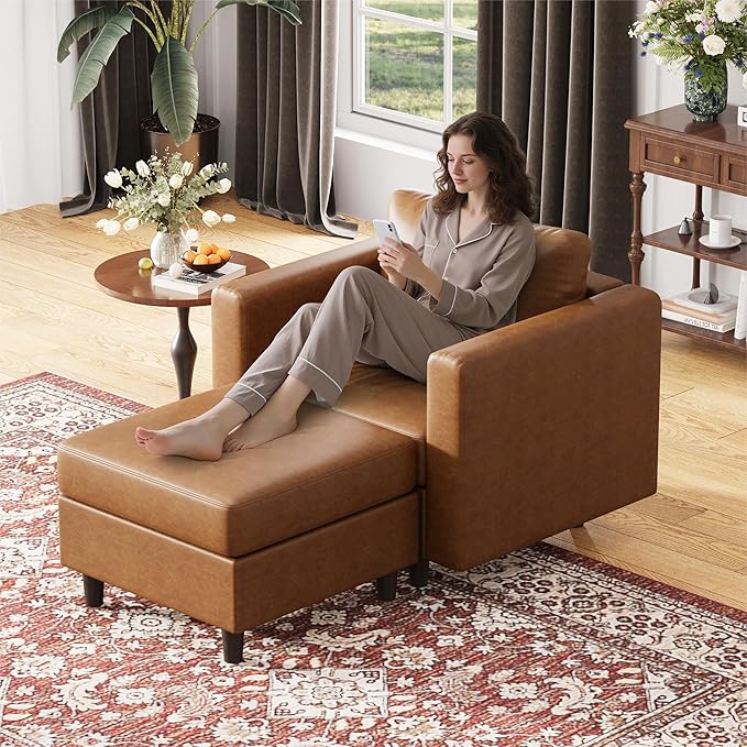 ABCASA Faux Leather Oversized Accent Chair with Storage Deep Seat Single Sofa Large Reading Armchair for Living Room Bedroom Office Brown