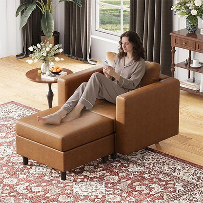 ABCASA Faux Leather Oversized Accent Chair with Storage Deep Seat Single Sofa Large Reading Armchair for Living Room Bedroom Office Brown
