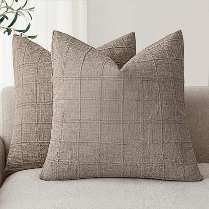 Foindtower Set of 2 Decorative Linen Check Throw Pillow Covers Neutral Farmhouse Vintage Cushion Covers Modern Boho Home Decor for Sofa Chair Couch Bedroom Living Room,26×26 Inch,Tan Taupe