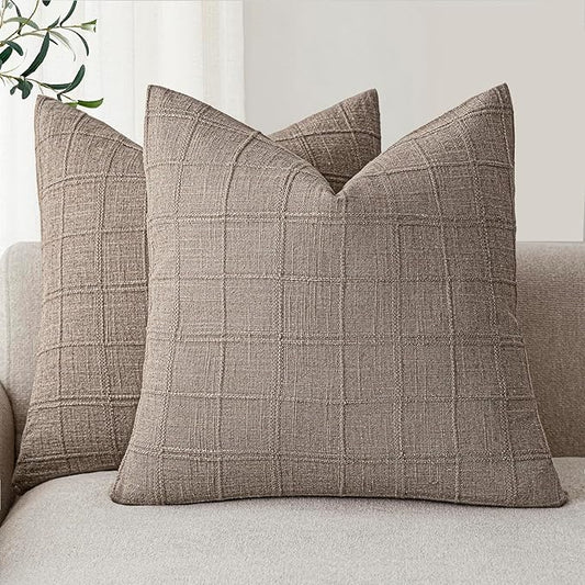 Foindtower Set of 2 Decorative Linen Check Throw Pillow Covers Neutral Farmhouse Vintage Cushion Covers Modern Boho Home Decor for Sofa Chair Couch Bedroom Living Room,26×26 Inch,Tan Taupe