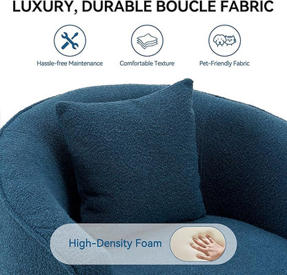 Swivel Accent Chair, Modern Upholstered Boucle Barrel Arm Chairs with Pillow for Living Room, 360 Degree Round Swivel Sherpa Armchair with Round Base for Bedroom Club (1, Dark Blue)