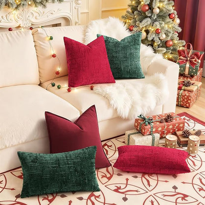 decorUhome Christmas Green Chenille Throw Pillow Covers 26x26 Set of 2 Thick Textured Slubby Couch Pillow Covers Farmhouse Accent Modern Neutral Decorative Pillow Cases for Bed Sofa Living Room