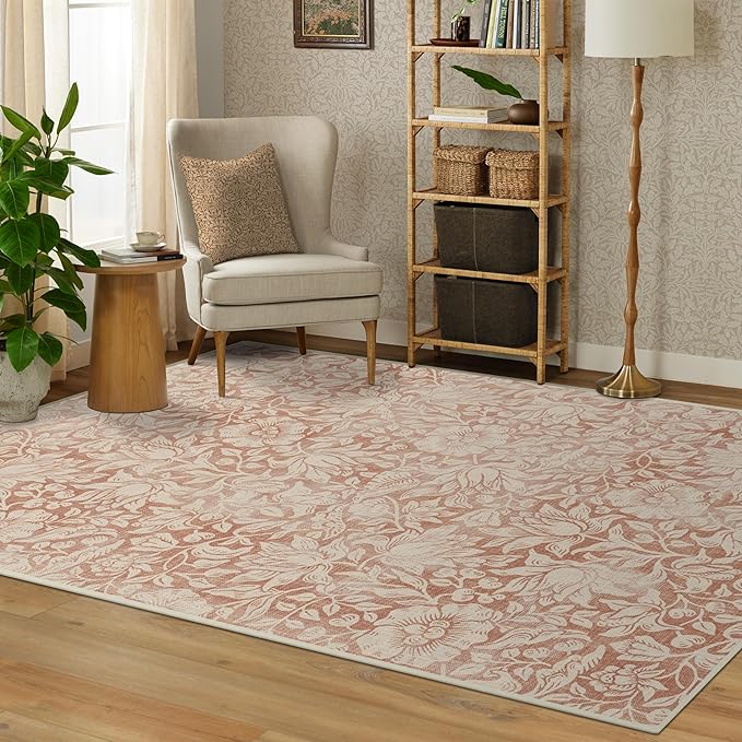 RUGGABLE x Morris & Co Washable Area Rug – Mallow Rust Red 6x9, Stain-Resistant, Non-Slip – Medium Machine Washable Rugs for Living Room, Bedroom, Hallway, Entryway & Office–with Standard Pad