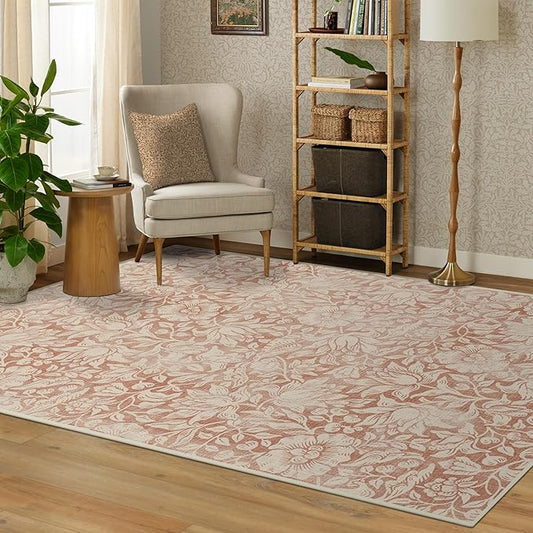 RUGGABLE x Morris & Co Washable Area Rug – Mallow Rust Red 6x9, Stain-Resistant, Non-Slip – Medium Machine Washable Rugs for Living Room, Bedroom, Hallway, Entryway & Office–with Standard Pad