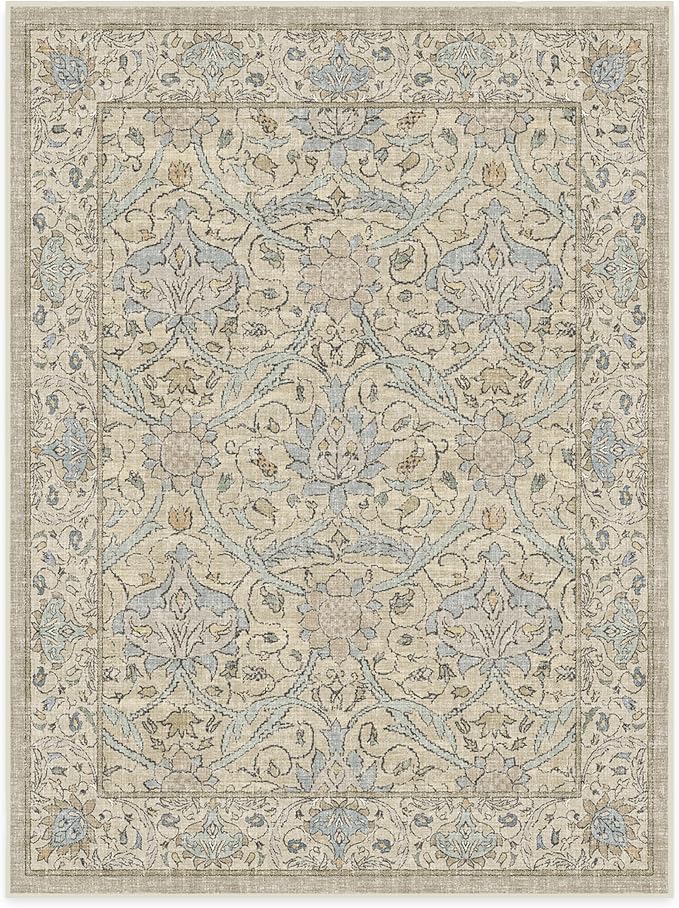 RUGGABLE x Morris & Co Washable Area Rug – Montreal Natural Blue 9x12, Stain-Resistant, Non-Slip – Large Machine Washable Rugs for Living Room, Bedroom, Hallway, Entryway & Office–with Standard Pad