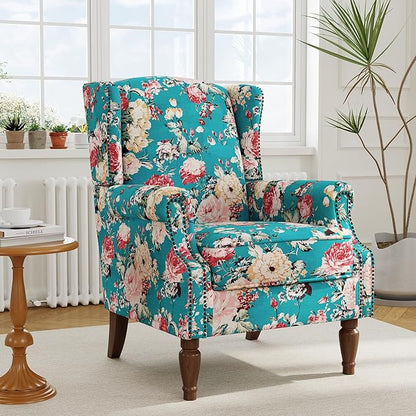 Accent Chair, Upholstered High Back Floral Armchair with Nailhead Trim & Wood Legs, Comfy Wingback Reading Single Sofa Chair for Small Spaces, Living Room, Bedroom ( Peacock Blue Floral, Set of 2)