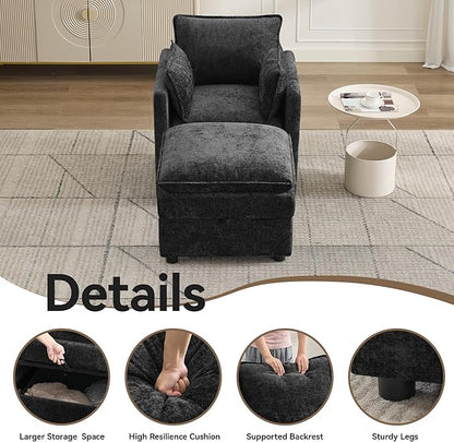 30" Cloud Modular Single Sofa Chair with Storage Ottoman, Modern Upholstered Accent Chair with Storage, Chenille Reading Lounge Armchair for Living Room, Bedroom, Small Space, Black