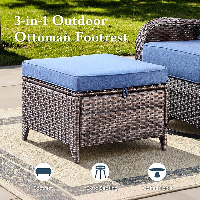 Belord Luxury 6" Thick Cushioned 10 Pieces Patio Furniture Set with Fire Pit Table, Wicker Outdoor Conversation Set with High Back Swivel Rocker Chairs for Deck Porch Yard and Poolside - Brown+Blue
