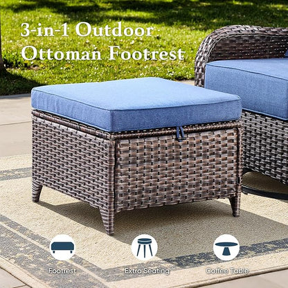 Belord Luxury 6" Thick Cushioned 10 Pieces Patio Furniture Set with Fire Pit Table, Wicker Outdoor Conversation Set with High Back Swivel Rocker Chairs for Deck Porch Yard and Poolside - Brown+Blue