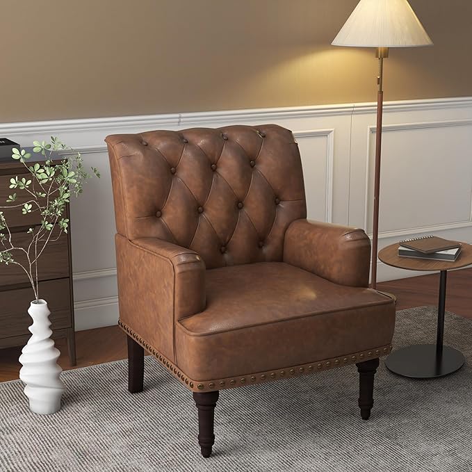 UIXE PU Leather Accent Chair, Modern Upholstered Armchair for Living Room, Comfy Arm Chair Single Sofa Reading Seat with Wooden Legs for Office Home Bedroom - Brown