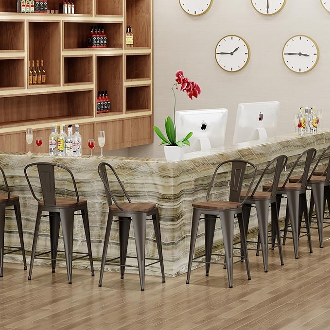 Aklaus Swivel Metal Bar Stools with Backs Counter Stools Set of 4 Counter Height Stools High Back Bar Chairs 24 Inch BarStools Farmhouse Rusty Barstools