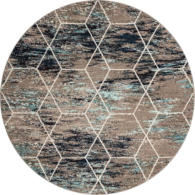 Unique Loom Trellis Frieze Collection Area Rug - Geometric (7' Round, Blue Multi/ Ivory)