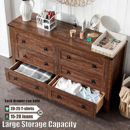 T4TREAM Farmhouse 6 Drawers Dresser for Bedroom, Wood Rustic Wide Chest of Drawers, Storage Dressers Organizer for Bedroom, Living Room, Hallway, Reclaimed Barnwood Color