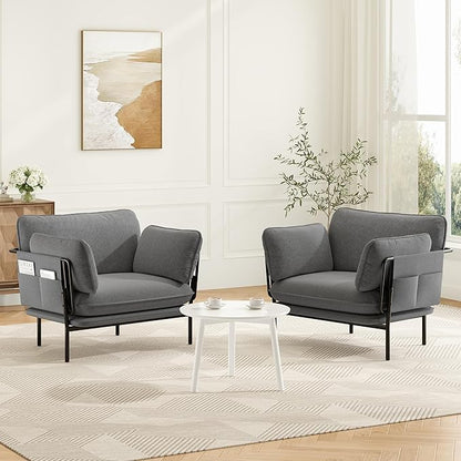 Modern Accent Chairs Set of 2, Oversized Living Room Chairs, Reading Chair with Solid Metal Legs, Fabric Armchair with Side Pockets and 2 Pillows, Accent Chairs for Bedroom, Nursery, Blue Gray