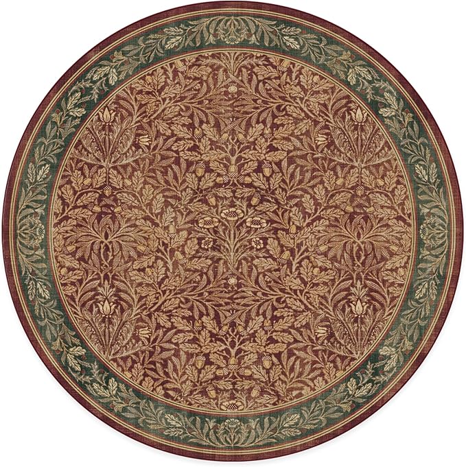 RUGGABLE x Morris & Co Machine Washable Christmas Area Rug– Acorn Amber Red 6 ft Round, Stain-Resistant, Non-Slip – Medium Rugs for Living Room, Bedroom, Hallway, Entryway & Office–with Cushioned Pad