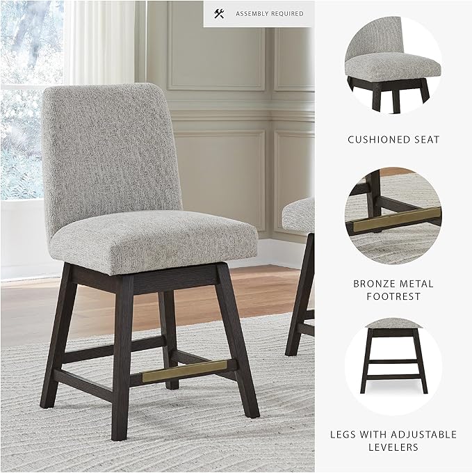Signature Design by Ashley Burkhaus Counter Height Upholstered Swivel Barstool, Set of 2, Foam Cushion, Metal Footrest, Solid Wood Frame, Beige & Dark Brown