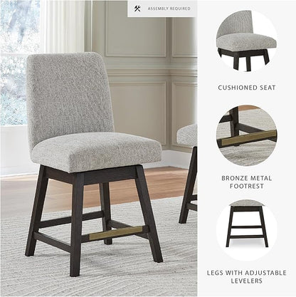 Signature Design by Ashley Burkhaus Counter Height Upholstered Swivel Barstool, Set of 2, Foam Cushion, Metal Footrest, Solid Wood Frame, Beige & Dark Brown
